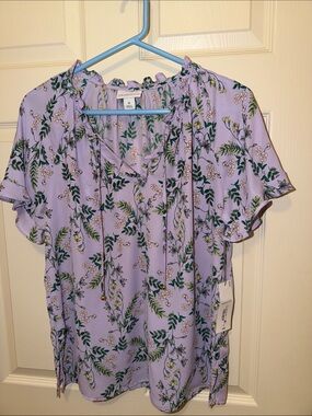 Liz Claiborne Lavender Floral Ruffle Tie-Neck Blouse